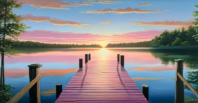 A tranquil lake at sunrise, surrounded by green trees with a wooden dock extending into the water.
