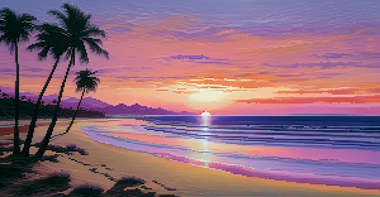 A tranquil beach at sunset with colorful skies and gentle waves on the shore.