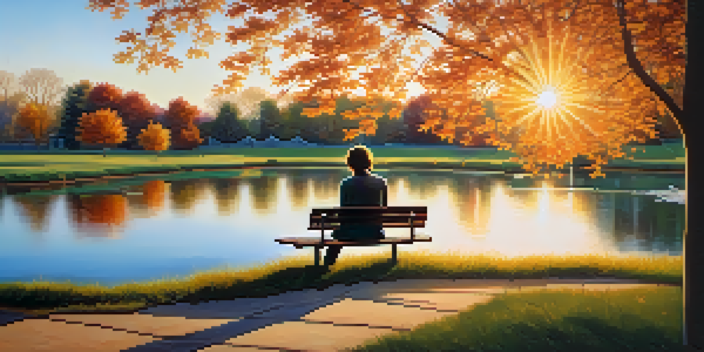 A peaceful park scene at sunset with a person meditating on a bench, surrounded by nature and soft lighting.
