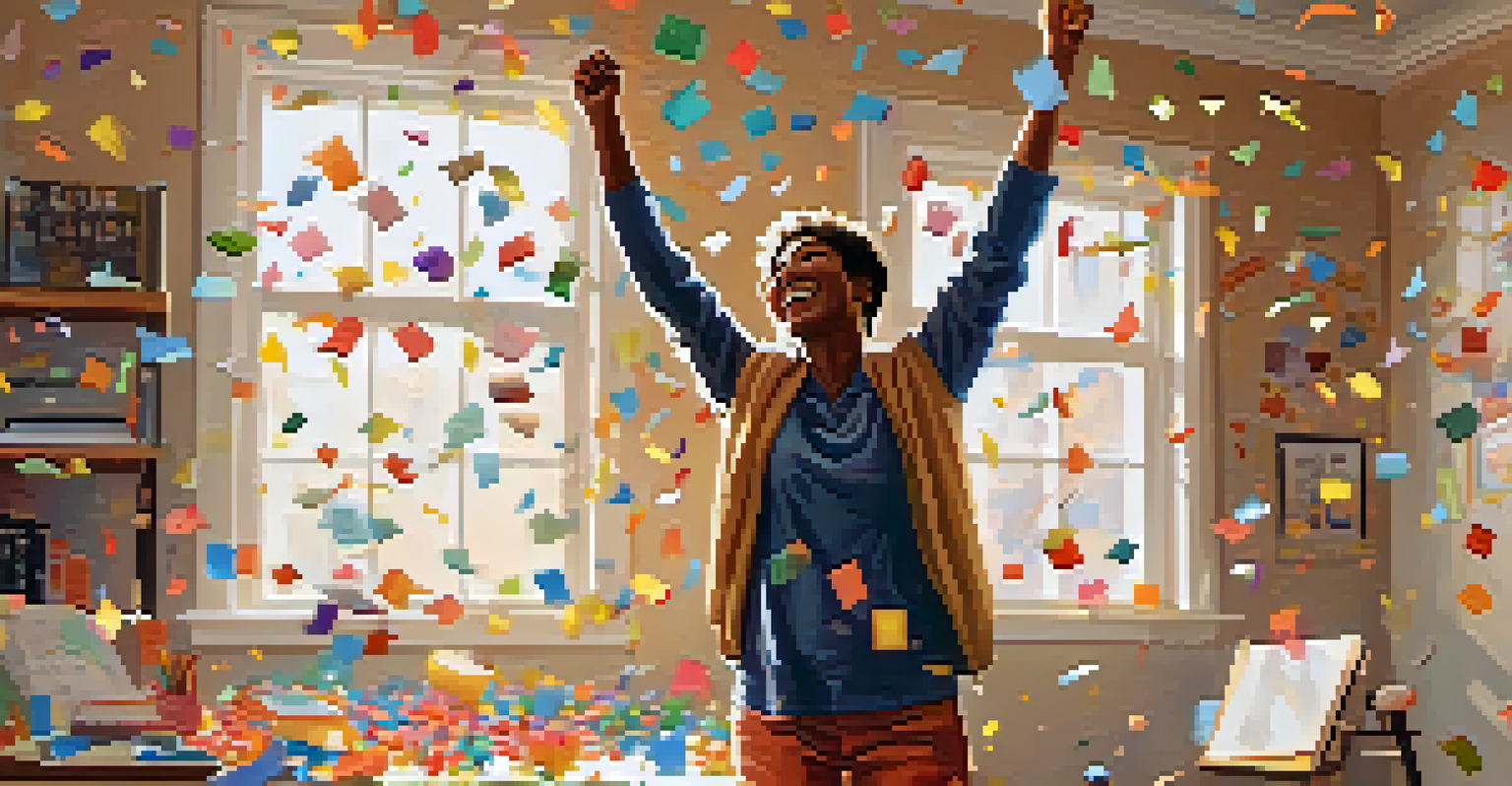 A person joyfully celebrating success with confetti in a cozy home environment.