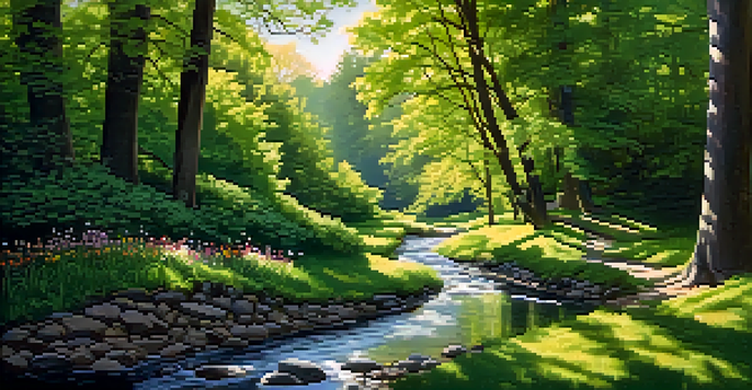 A peaceful forest scene with a winding path, sunlight filtering through trees, and a stream with blooming flowers.