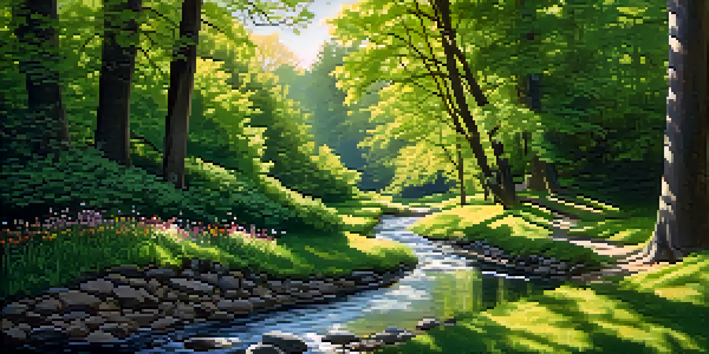 A peaceful forest scene with a winding path, sunlight filtering through trees, and a stream with blooming flowers.