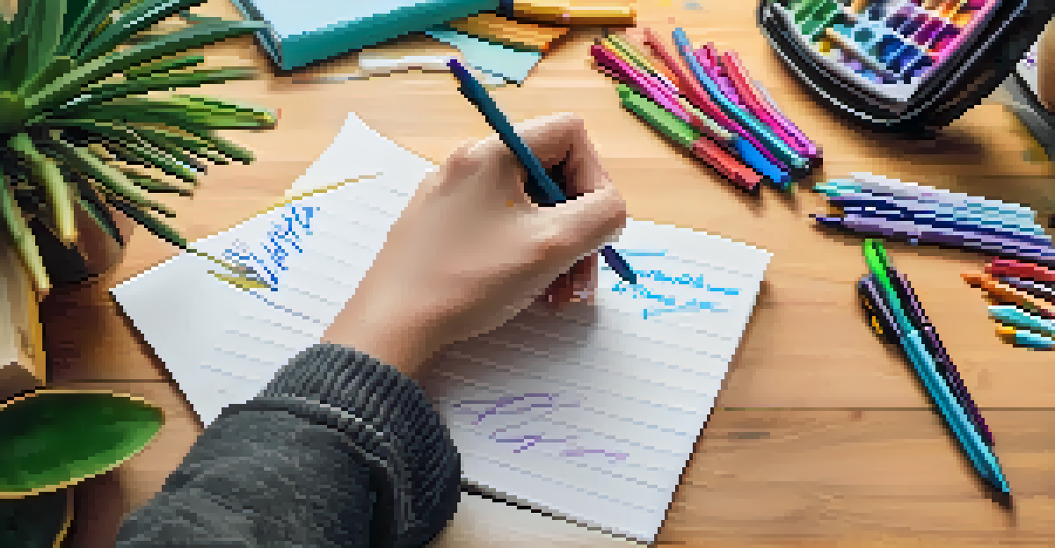 A close-up of a hand writing on a notepad with colorful pens on a wooden desk.