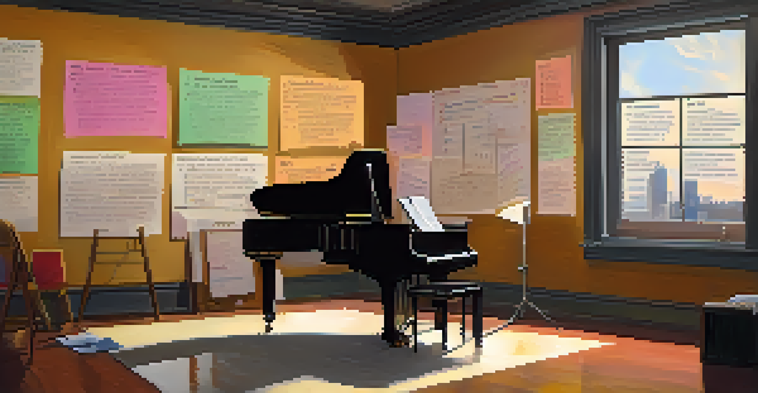 A person practicing a presentation in front of a mirror, surrounded by notes and a cheat sheet in a cozy, softly lit room.