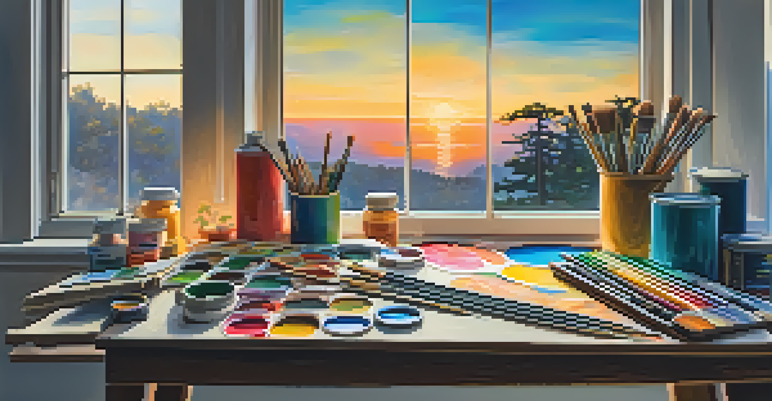 An artist's workspace with colorful art supplies and a partially completed abstract painting illuminated by morning light.