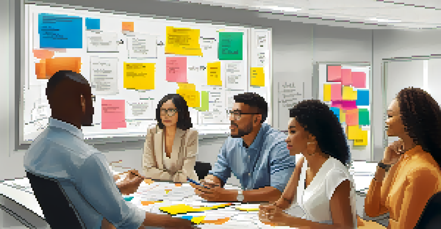 A diverse group of professionals collaborating in an office, with a whiteboard full of sticky notes in the background.