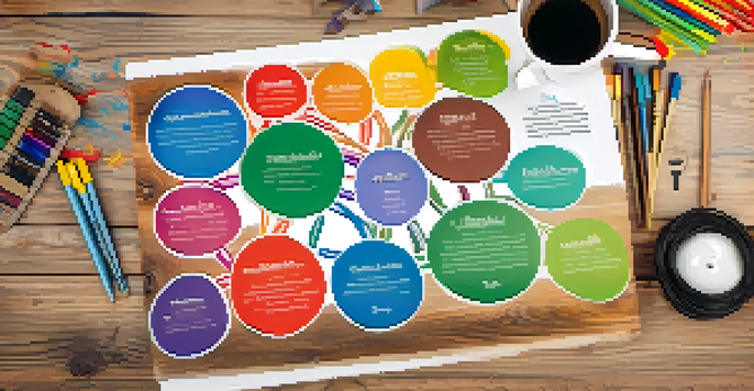 A colorful mind map displayed on a wooden desk, with branches representing various topics and small icons, surrounded by study materials.