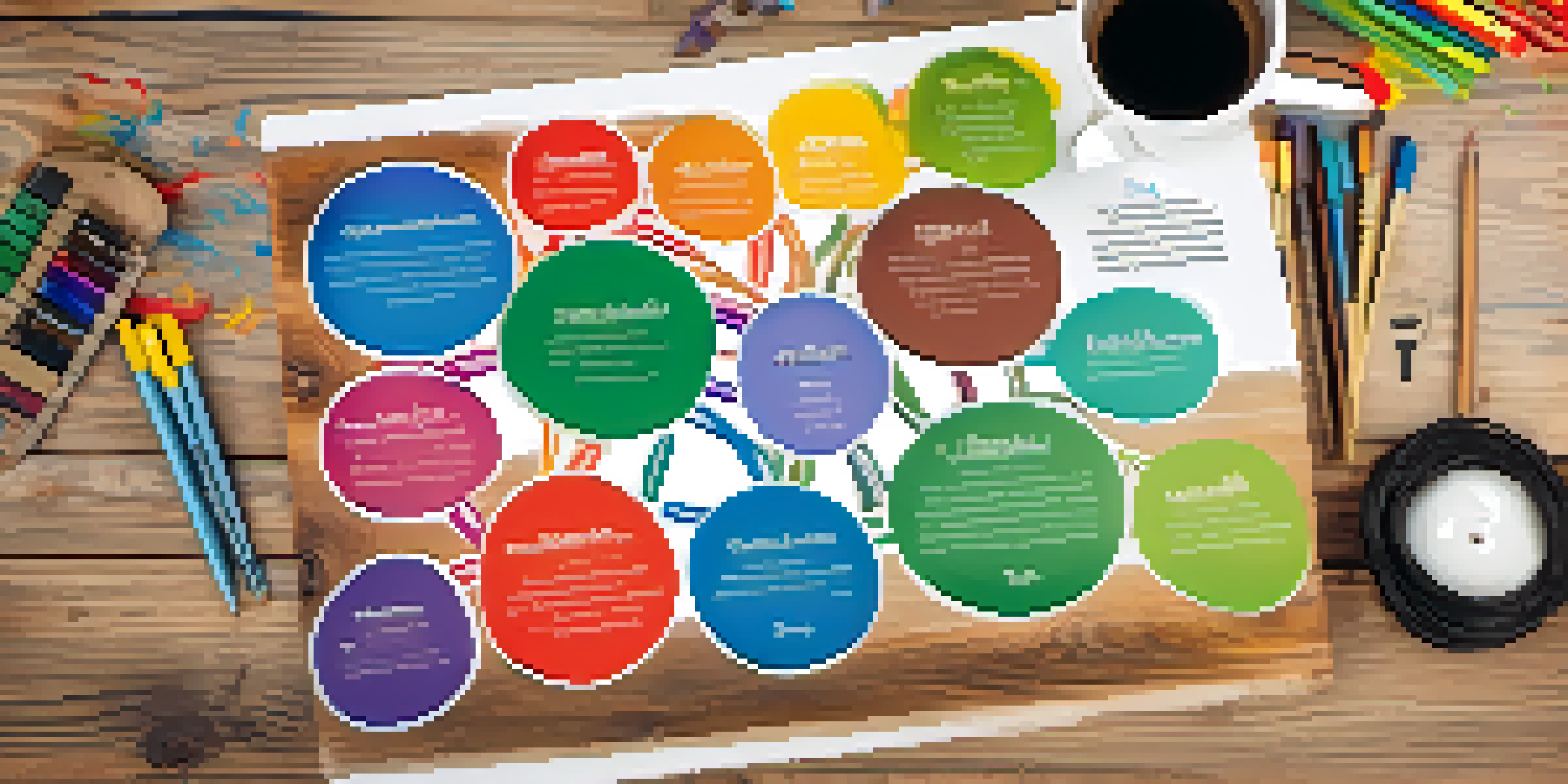 A colorful mind map displayed on a wooden desk, with branches representing various topics and small icons, surrounded by study materials.