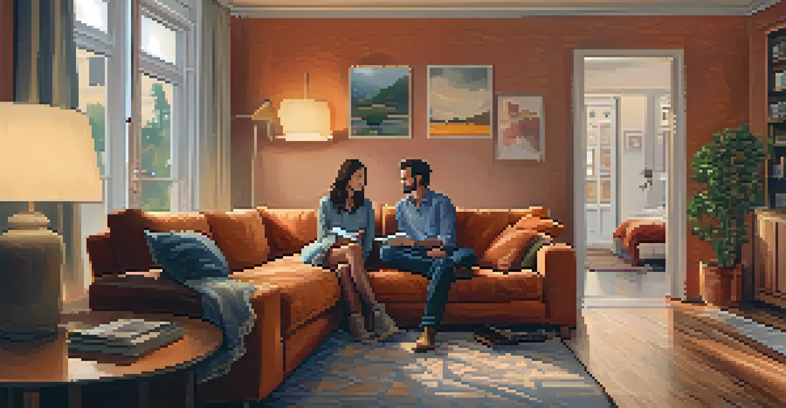 A couple on a couch having an emotional check-in, with a warm and cozy atmosphere.