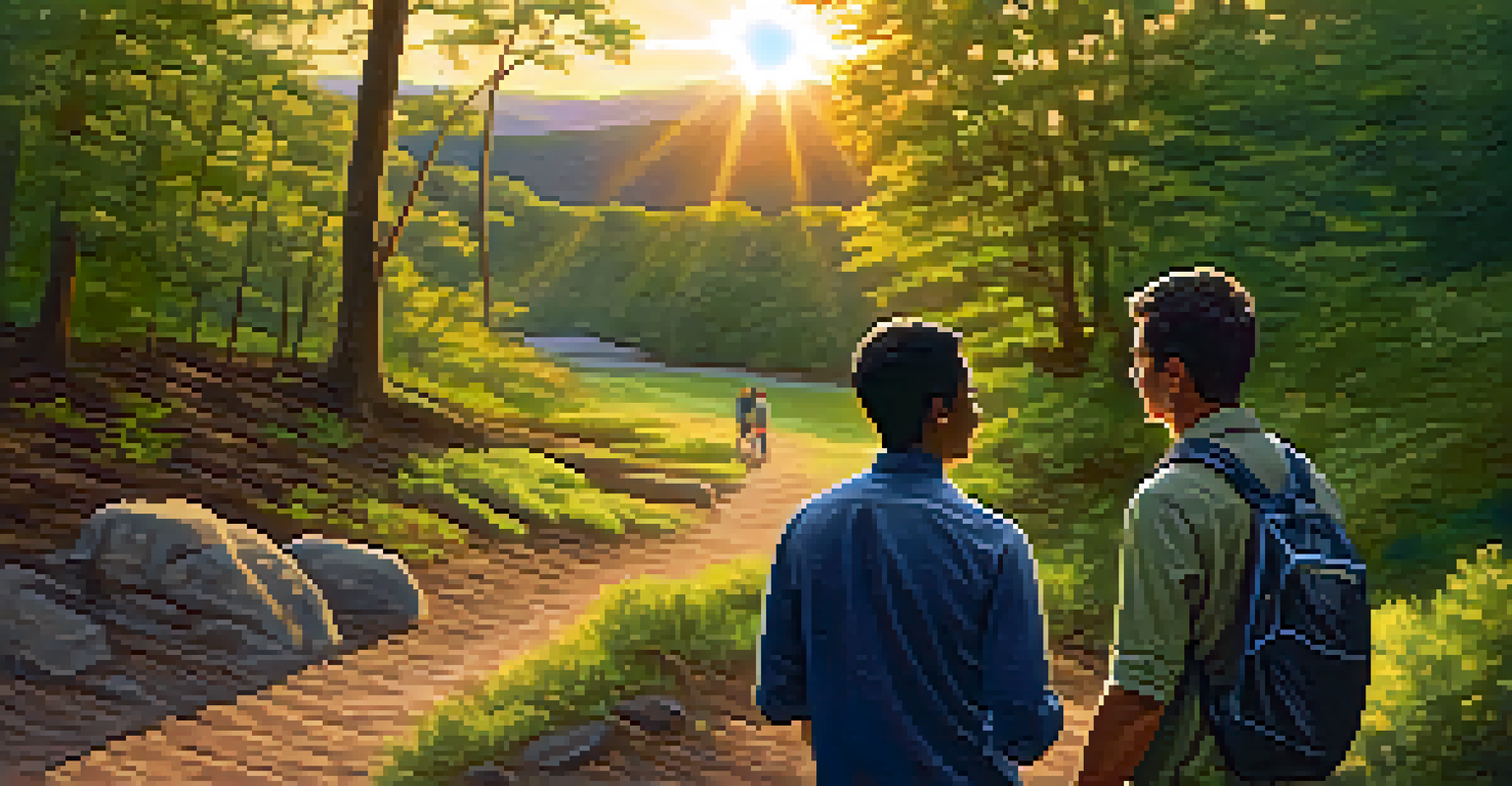 A life coach guiding a client along a nature trail during sunset, symbolizing personal growth and exploration.