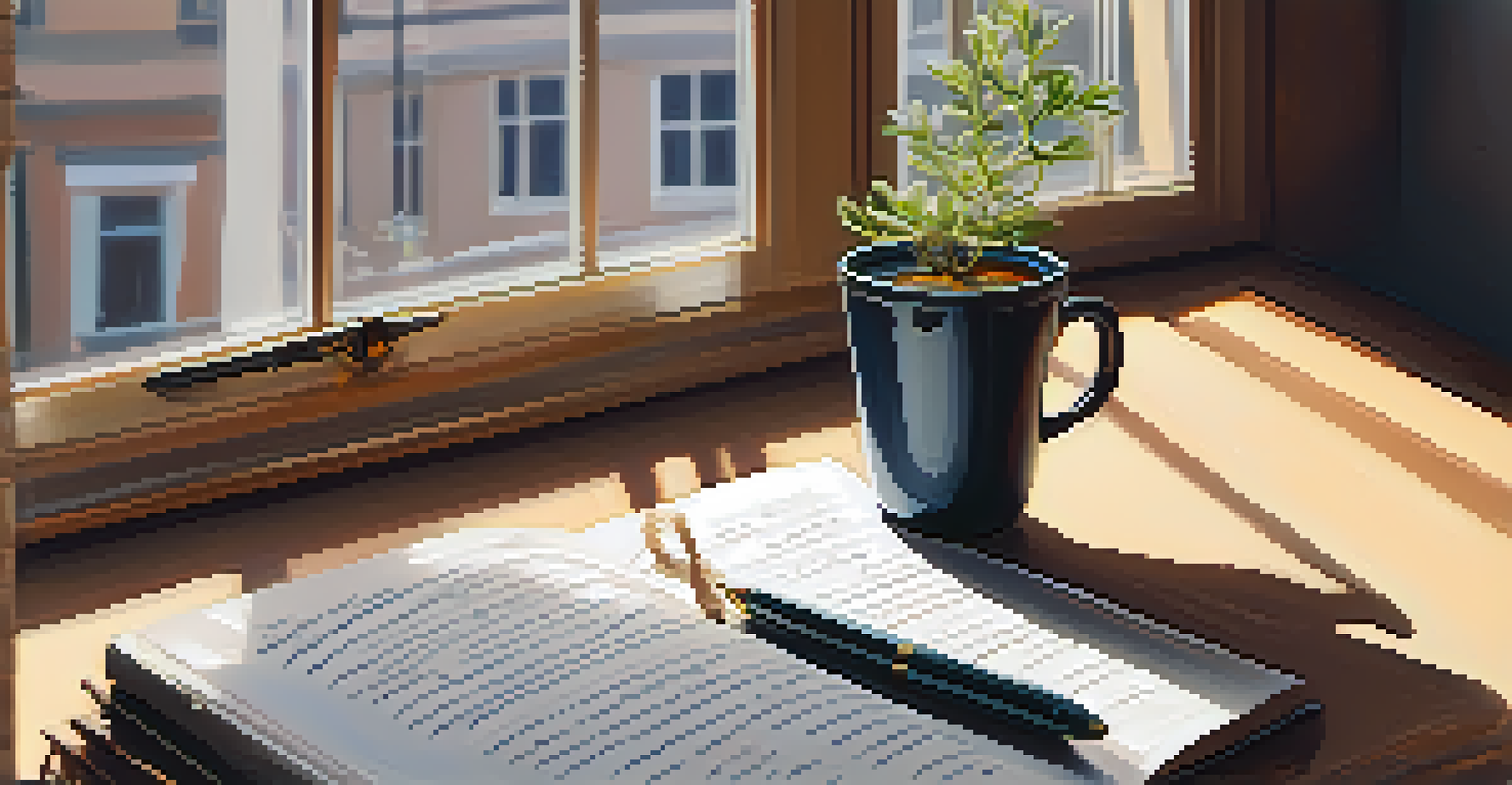 A journal with handwritten notes, a pen, and a cup of herbal tea, bathed in soft morning light.