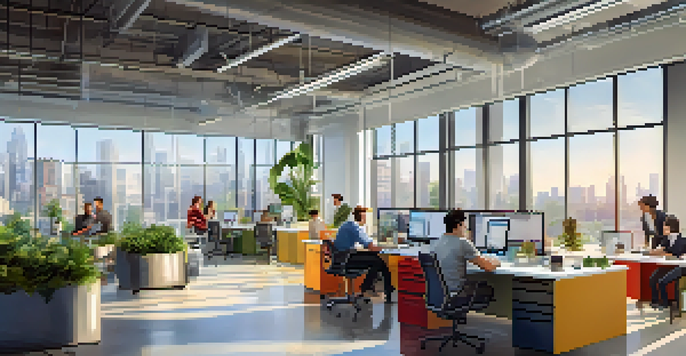 A bright and modern office with employees brainstorming around a table, surrounded by plants and colorful decorations.