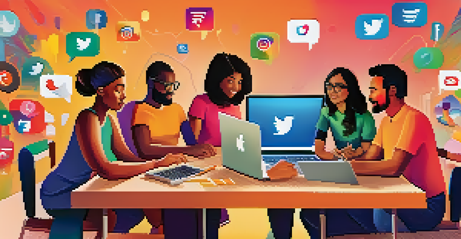 A diverse group of people engaged in discussion around a table with laptops and smartphones, surrounded by colorful social media icons.
