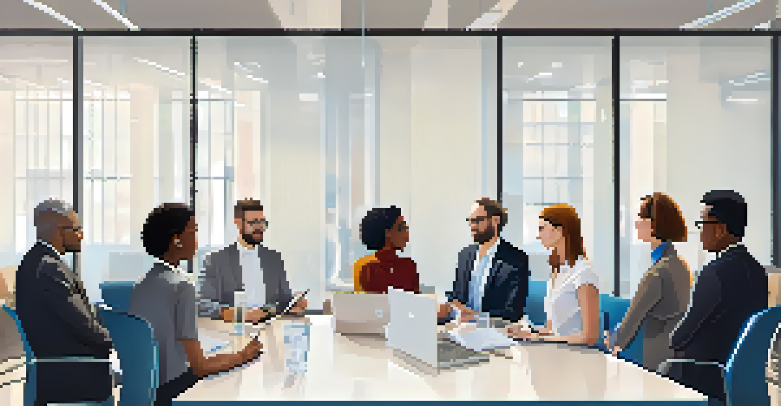 A diverse group of professionals sitting around a glass table in a conference room, engaged in a feedback discussion, with laptops and notepads in front of them.