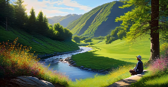 A person sitting on a rock by a winding river in a green valley, surrounded by wildflowers and sunlight filtering through trees.