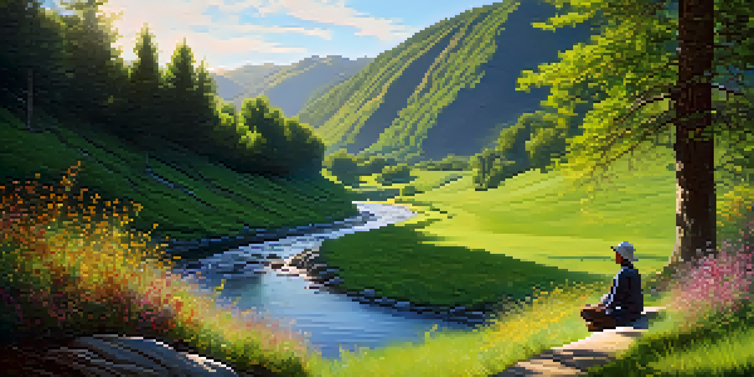 A person sitting on a rock by a winding river in a green valley, surrounded by wildflowers and sunlight filtering through trees.