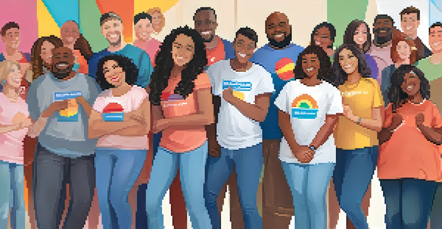 A diverse group of individuals standing in a circle, smiling and supporting each other in a bright community center.