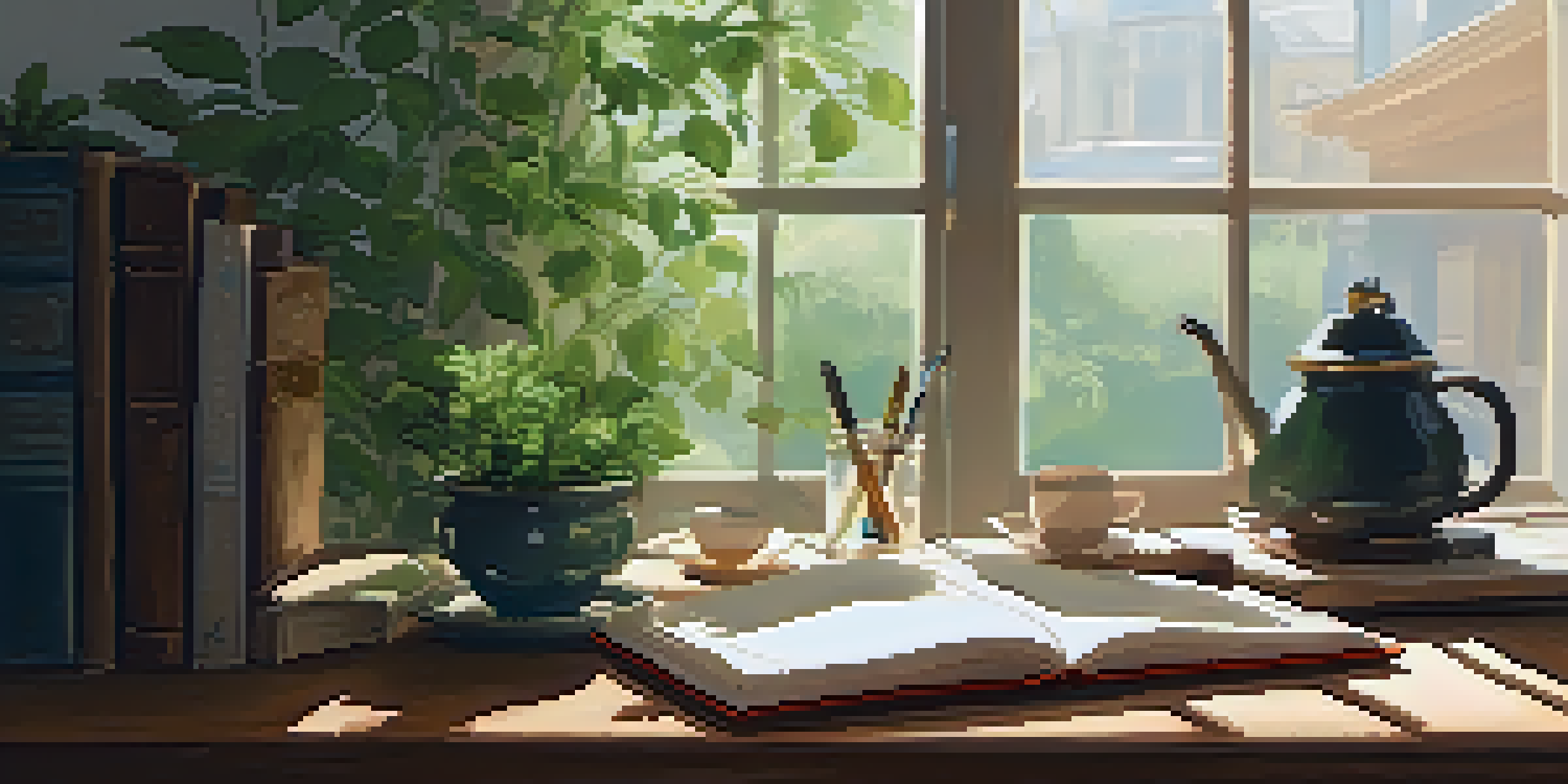 A peaceful workspace with a journal and a cup of tea, illuminated by soft morning light.