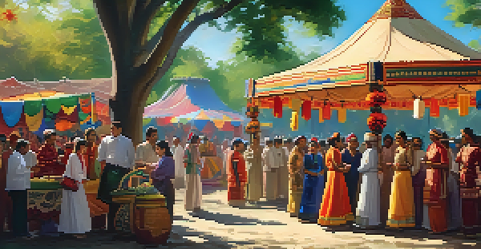 A lively cultural festival with people in traditional clothing enjoying food and activities under warm sunlight.