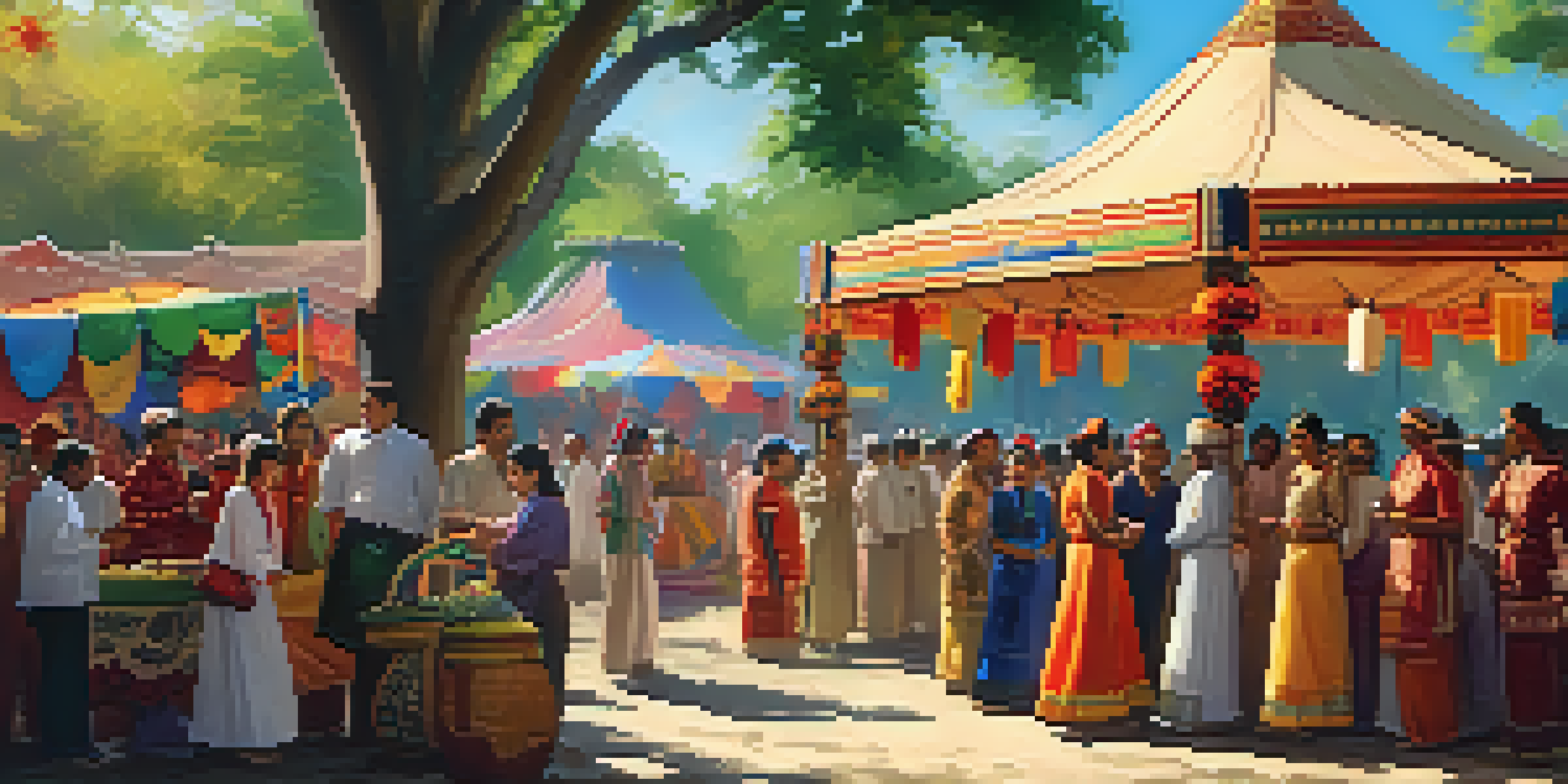 A lively cultural festival with people in traditional clothing enjoying food and activities under warm sunlight.