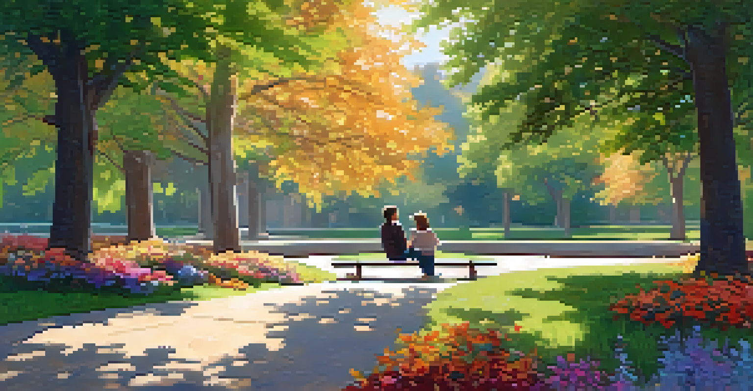 A mentor and mentee engaged in a thoughtful conversation in a park, with the mentor gesturing expressively while the mentee listens, surrounded by nature.