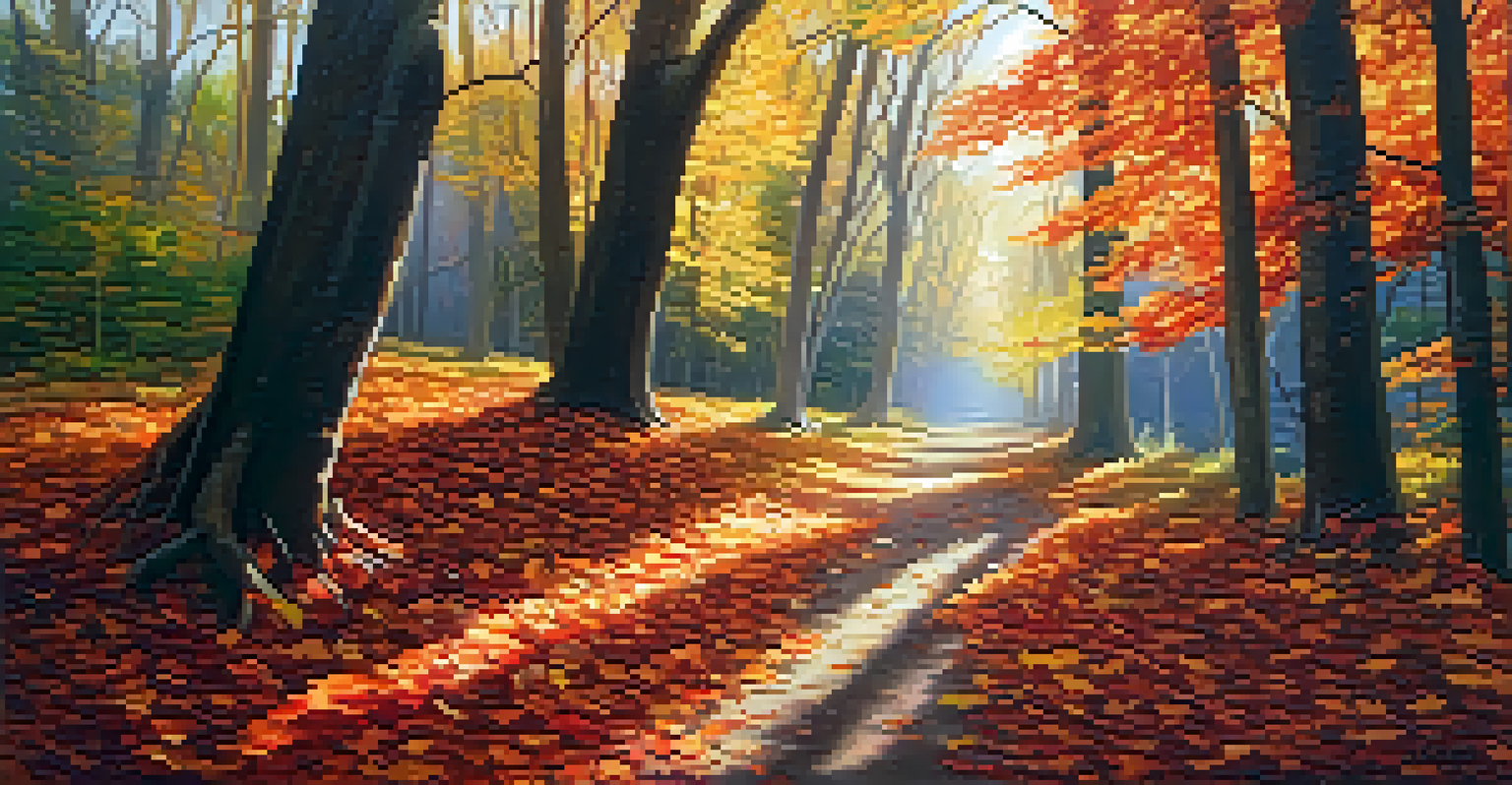 An autumn forest path with colorful leaves and a person walking, representing a journey of spiritual connection.
