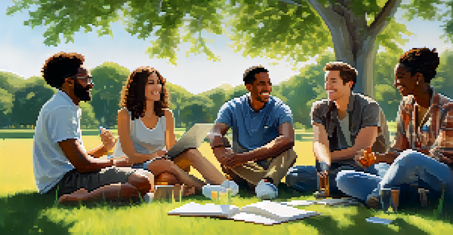 A diverse group of friends sitting in a circle outdoors, discussing their ideas in a sunny field.