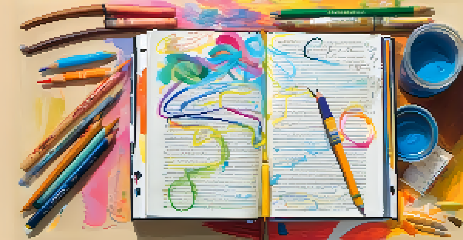 An open journal with colorful sketches and notes, surrounded by art supplies.