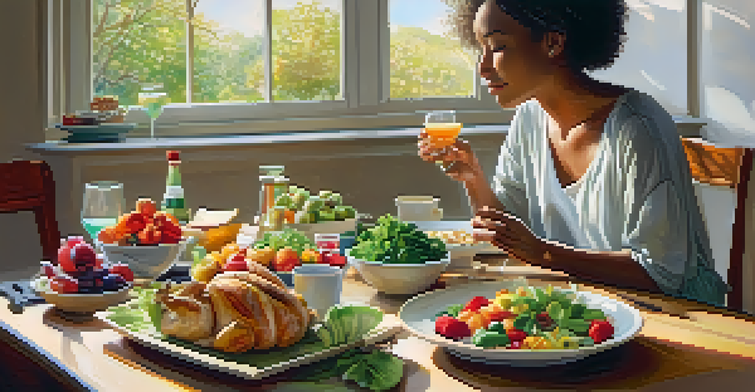 A person savoring a meal at a dining table filled with colorful healthy foods, practicing mindful eating.