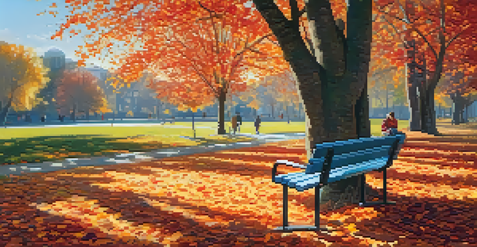 A person practicing mindfulness in a colorful autumn park, surrounded by trees with vibrant leaves and soft sunlight filtering through.