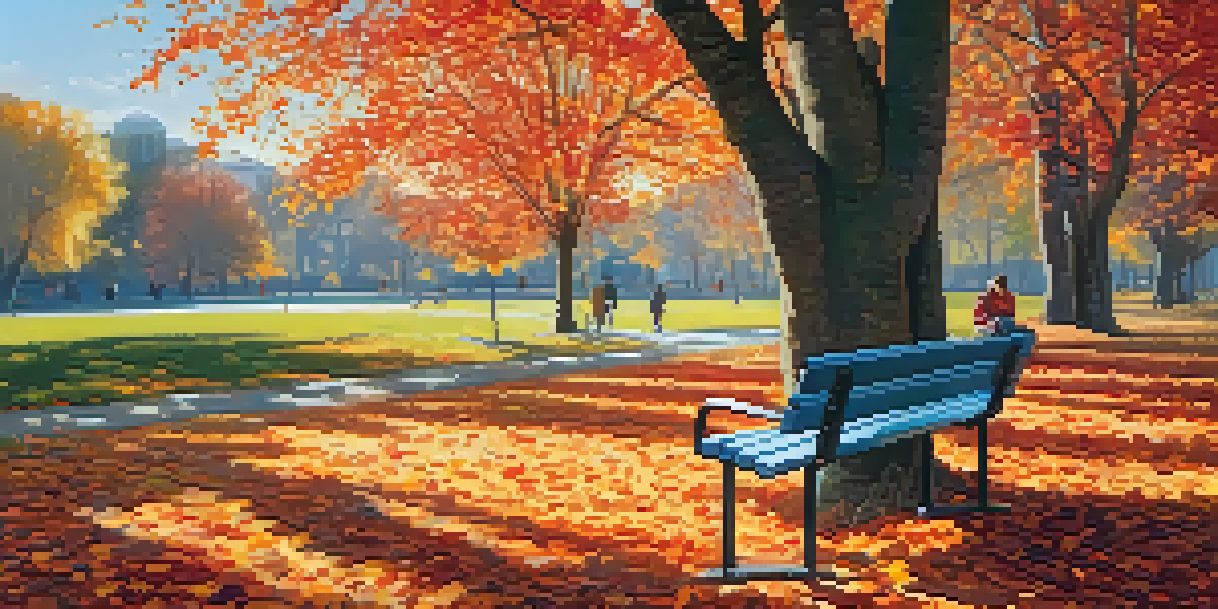 A person practicing mindfulness in a colorful autumn park, surrounded by trees with vibrant leaves and soft sunlight filtering through.