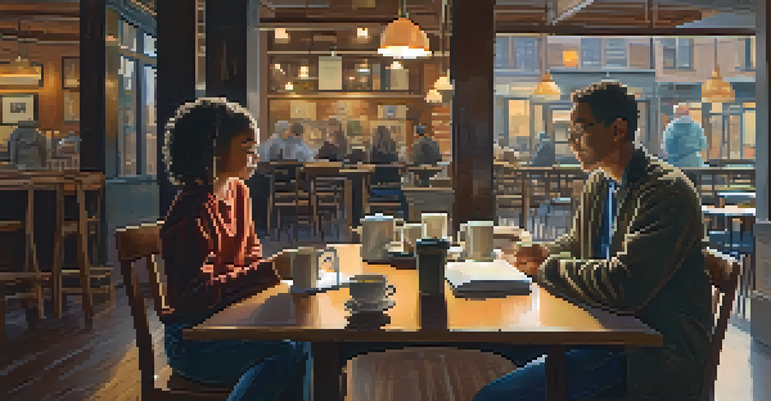 A mentor and mentee in a cozy coffee shop, engaged in a thoughtful conversation with books and notebooks on the table.