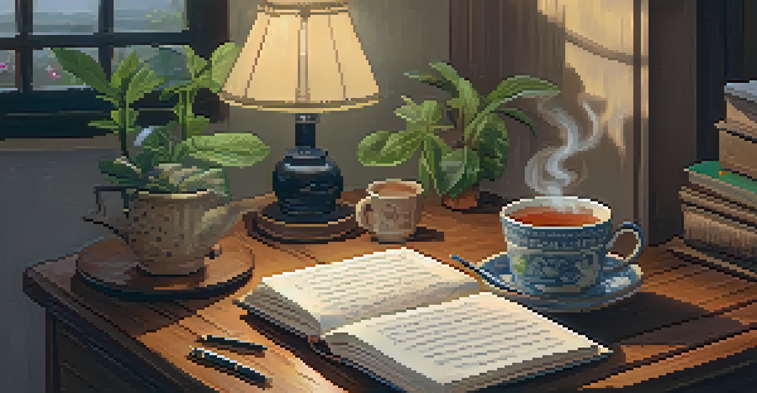 A person journaling at a wooden desk with a cup of tea, surrounded by warm lighting and plants.