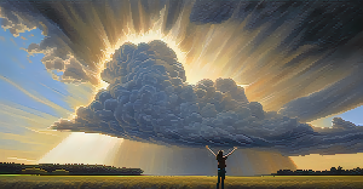 A visual metaphor showing a storm cloud transitioning into a sunny sky with a person silhouetted in a triumphant pose.