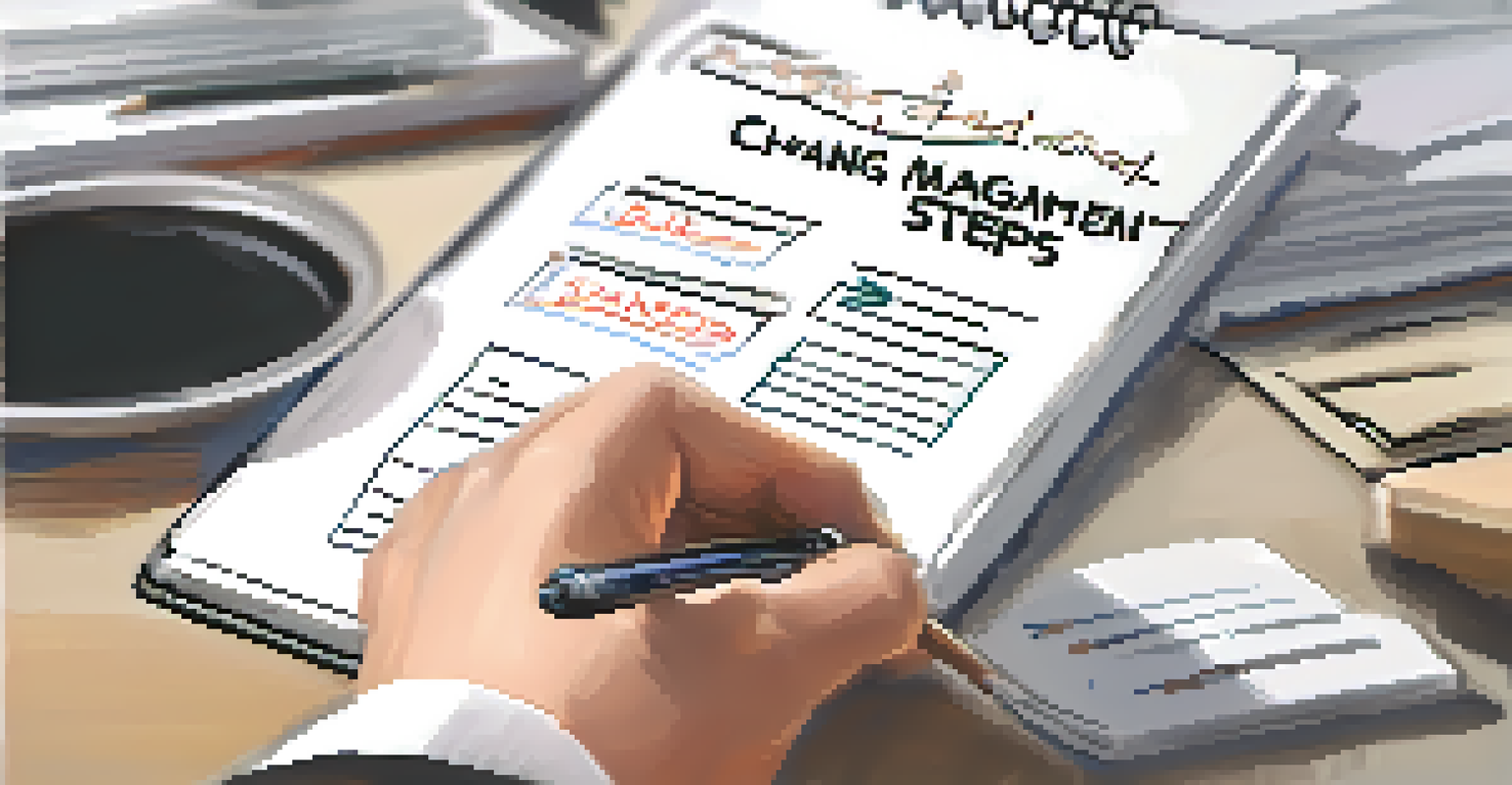 A close-up of a hand writing on a notepad with a checklist for change management.