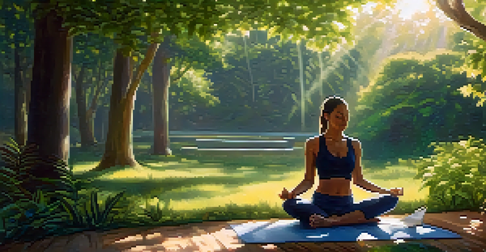 A person practicing meditation in a green garden, surrounded by sunlight and nature, with an open journal next to them.