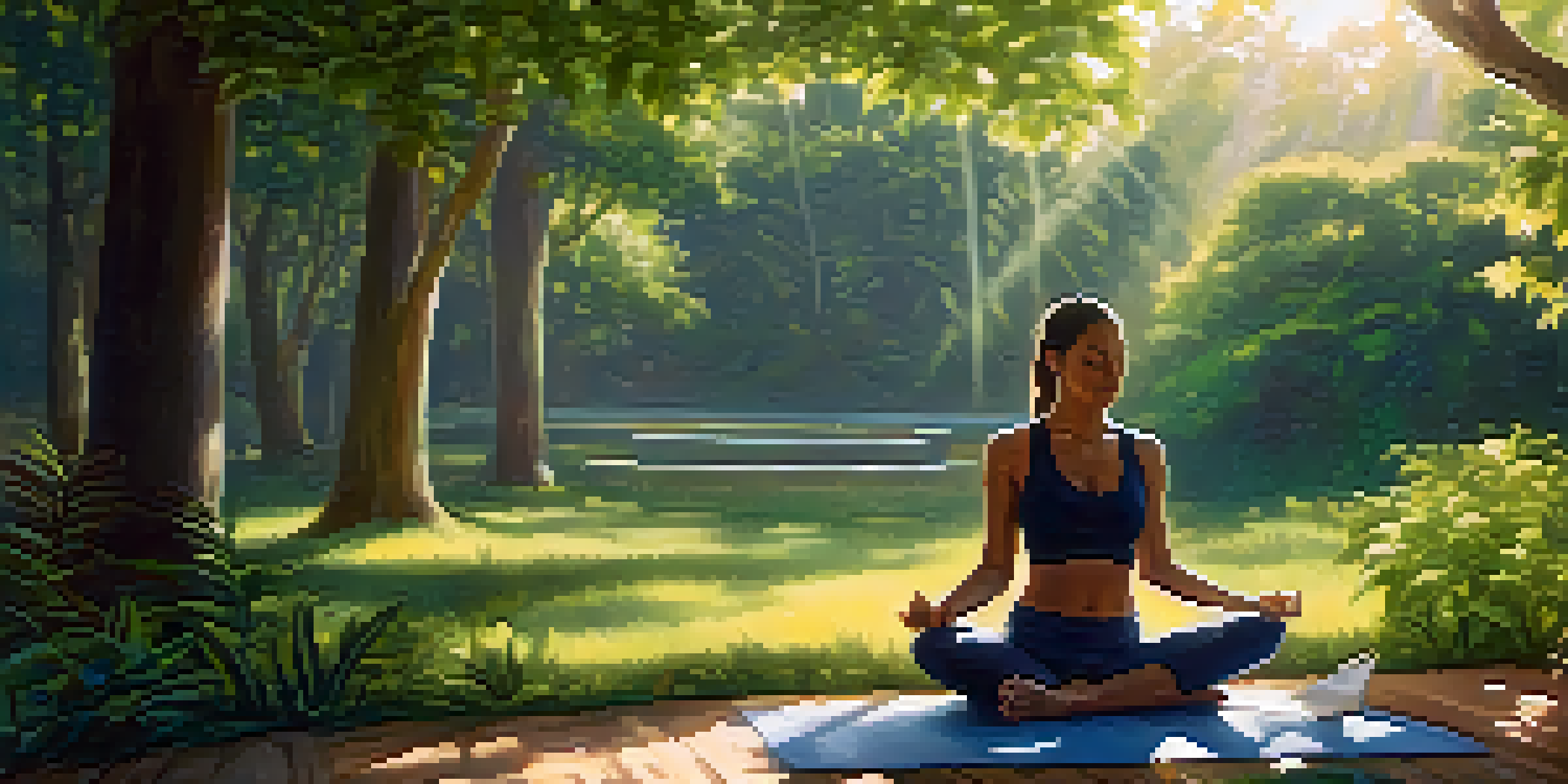 A person practicing meditation in a green garden, surrounded by sunlight and nature, with an open journal next to them.