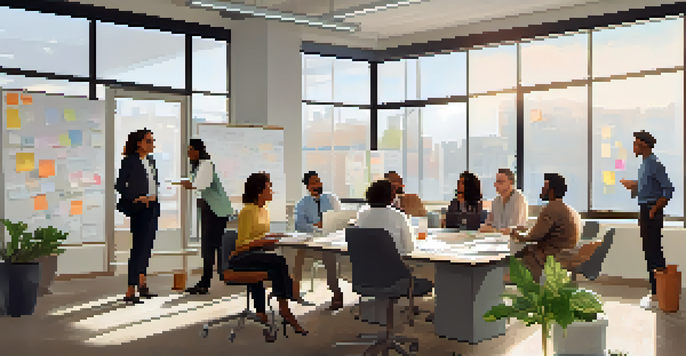 A diverse group of professionals in a bright office space engaged in a collaborative discussion, showing empathy and assertiveness.