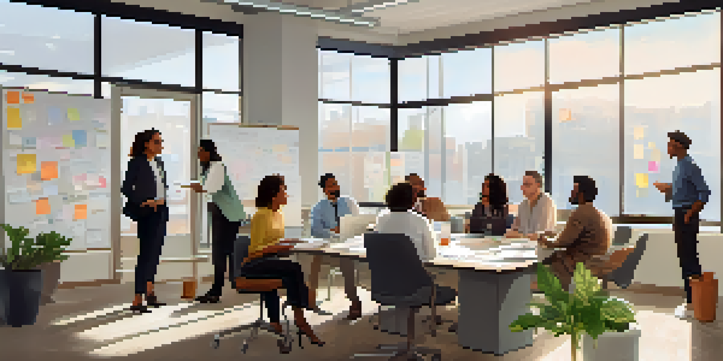 A diverse group of professionals in a bright office space engaged in a collaborative discussion, showing empathy and assertiveness.