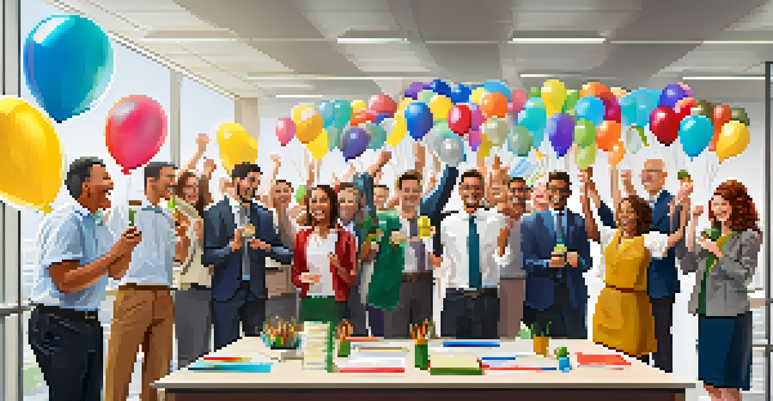 A team celebrating their achievements in an office, with balloons and a 'Congratulations' banner, filled with smiles and applause.