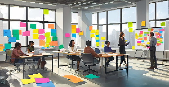 A bright office with diverse employees brainstorming together, surrounded by colorful sticky notes and charts.