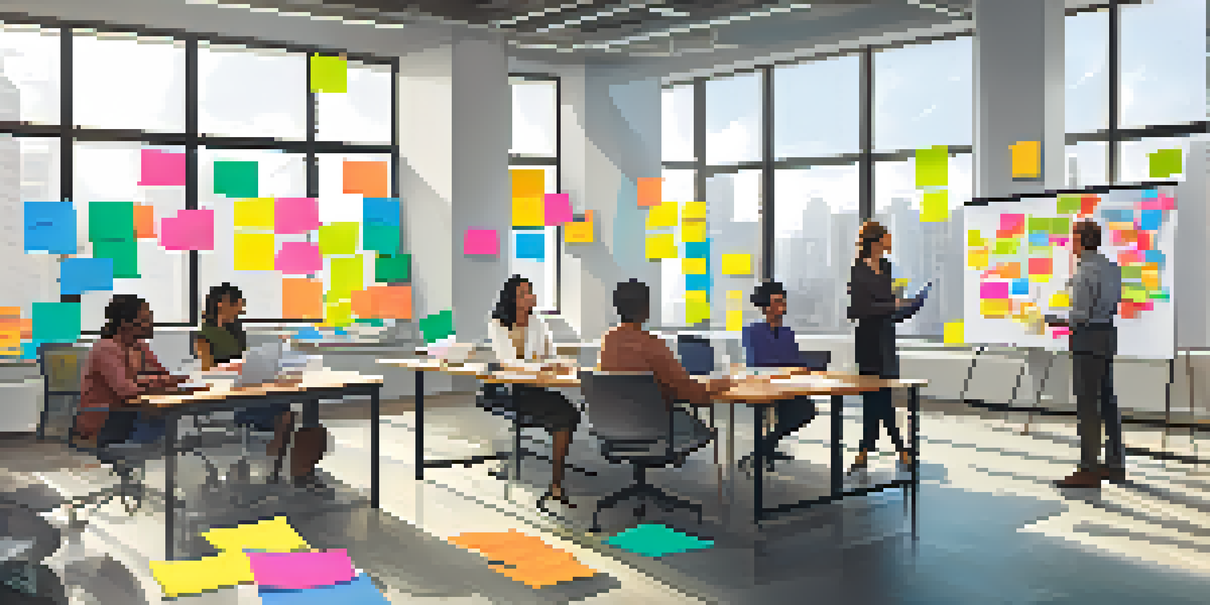 A bright office with diverse employees brainstorming together, surrounded by colorful sticky notes and charts.
