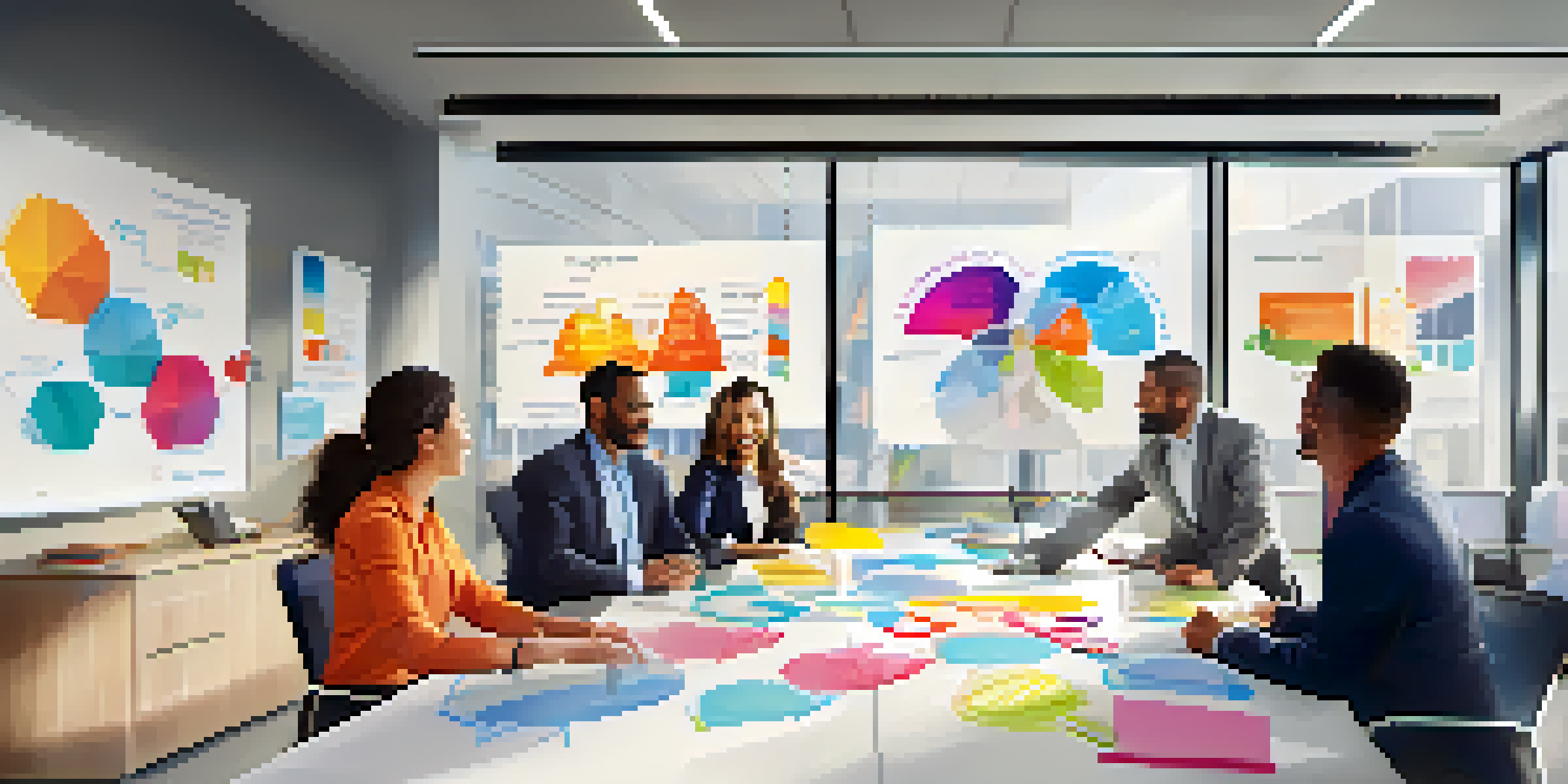 A diverse group of employees in a bright office meeting room, collaborating over change management strategies with a large whiteboard in the background.