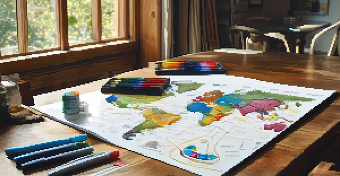A detailed life map with colorful markers and notes displayed on a wooden table, illuminated by natural light.