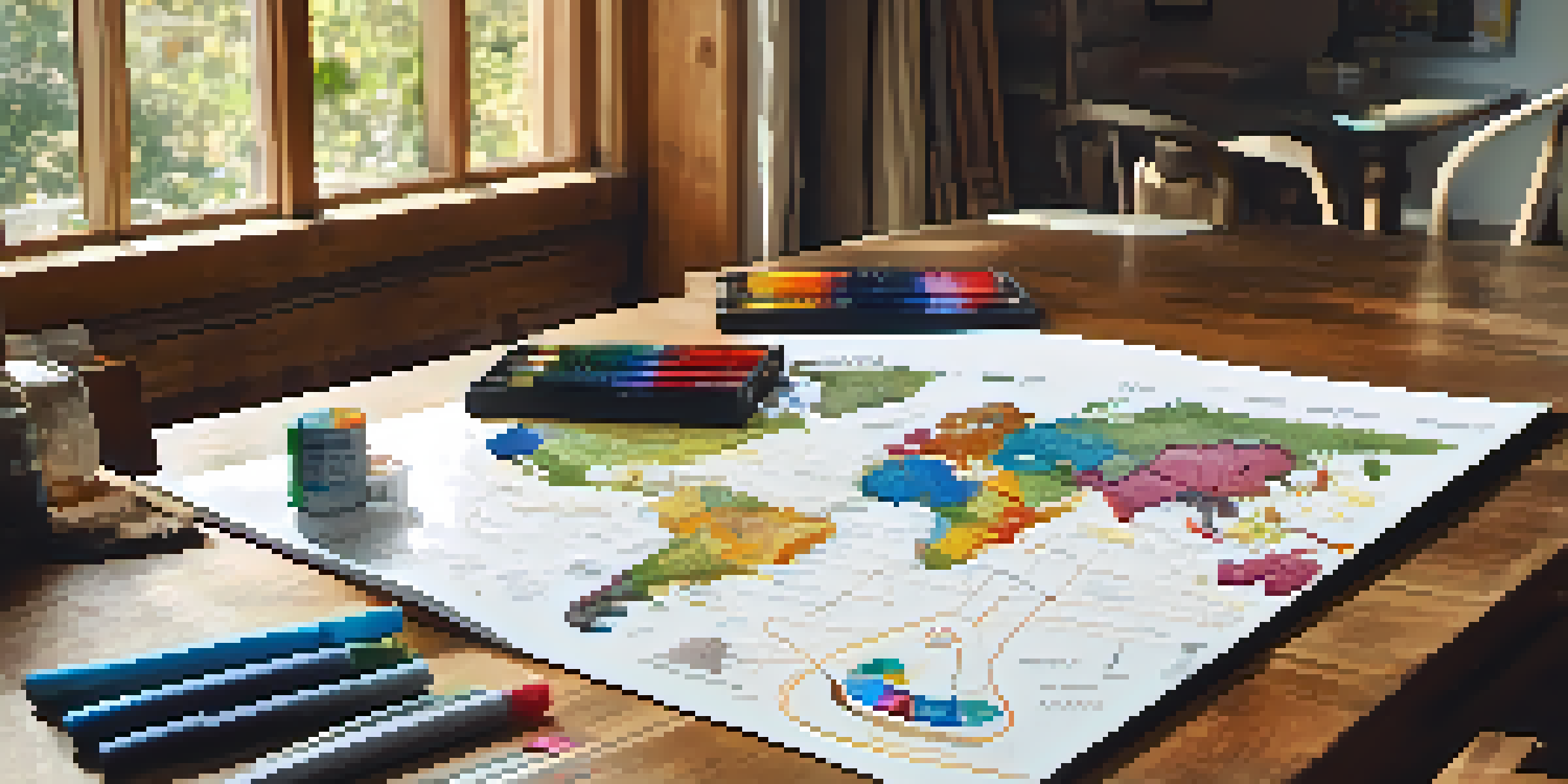 A detailed life map with colorful markers and notes displayed on a wooden table, illuminated by natural light.