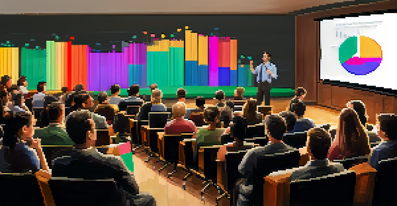 An audience listening to a presenter who is showing a colorful bar graph on a projector.