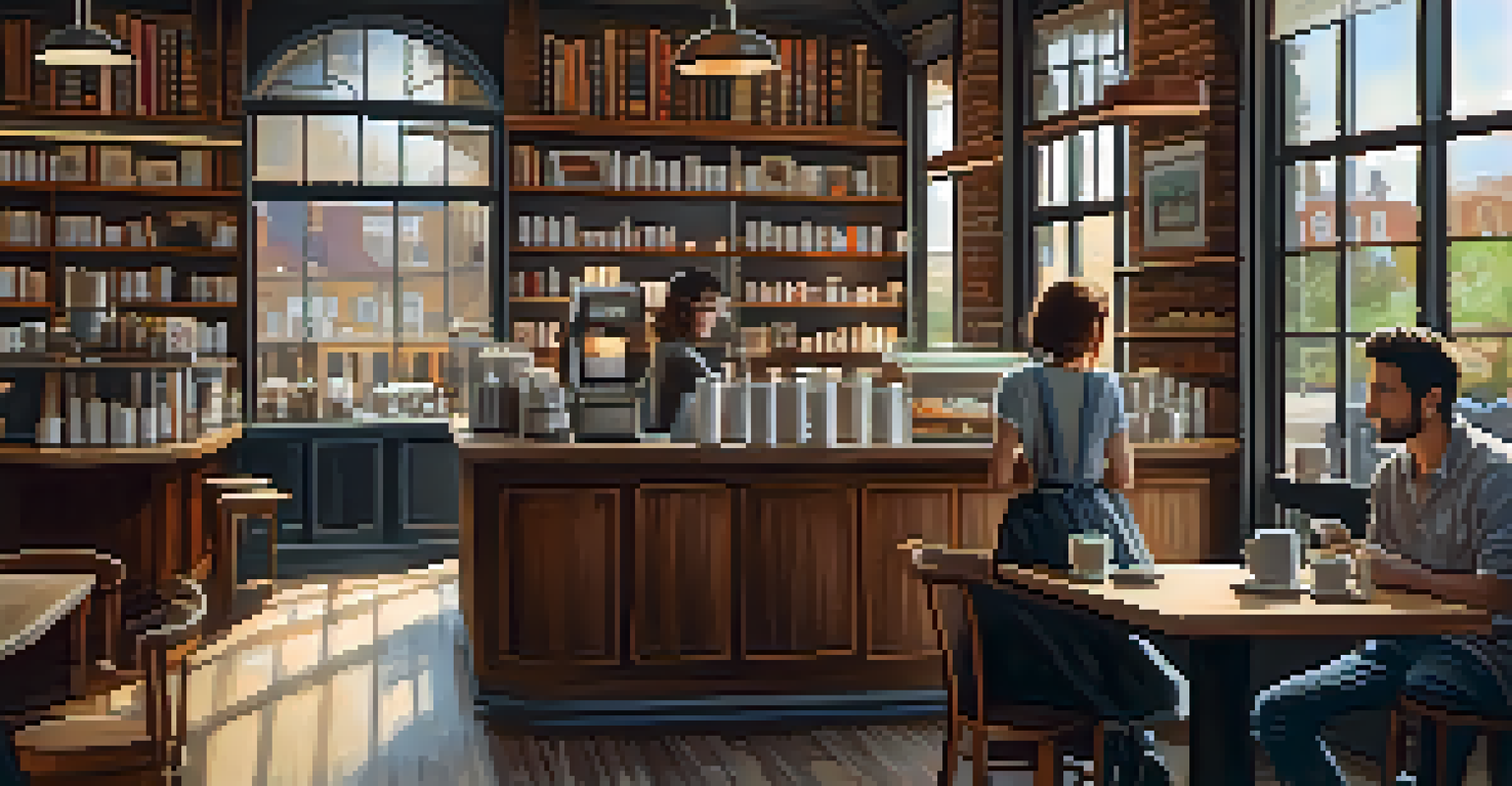 A warm coffee shop with wooden furniture, natural light, and people enjoying their time.