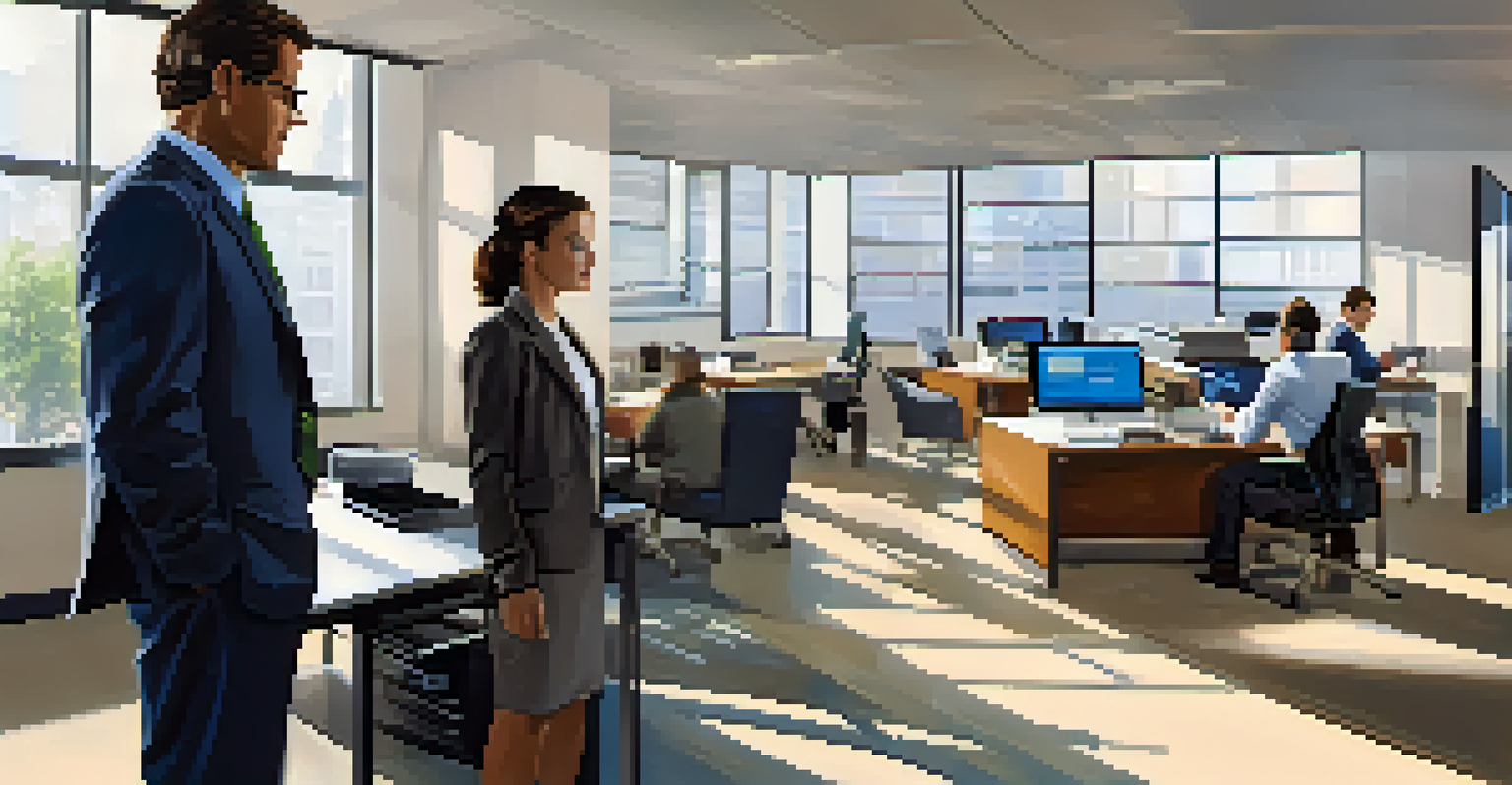 A new employee observing a mentor demonstrating software in a modern office training session.