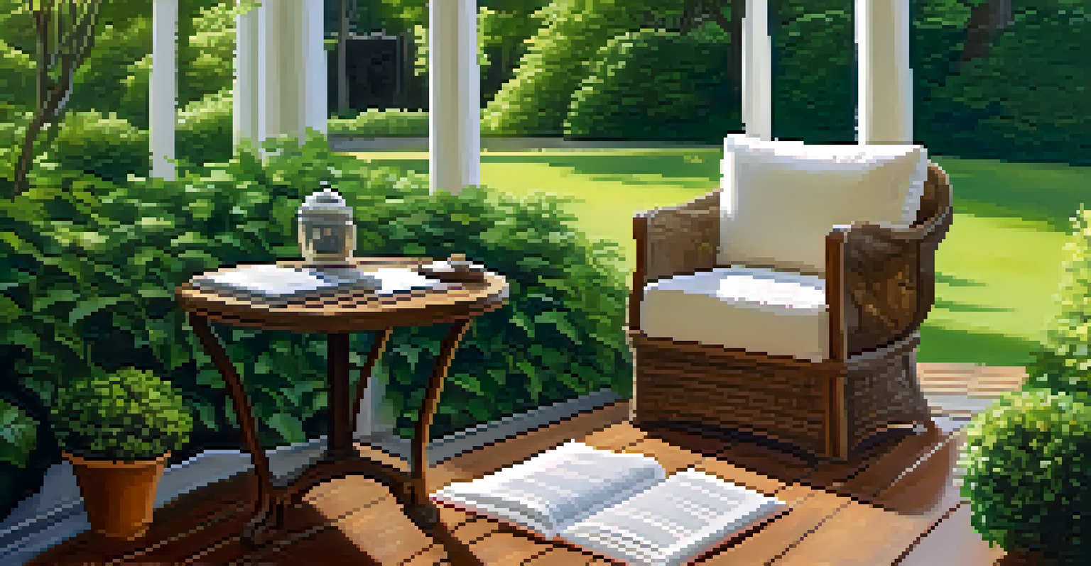 An outdoor reading nook with a comfortable chair, journal, and greenery in the background for a peaceful and reflective atmosphere.