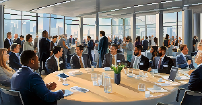 A diverse group of professionals networking at a conference, dressed in business attire, with a bright and welcoming atmosphere.